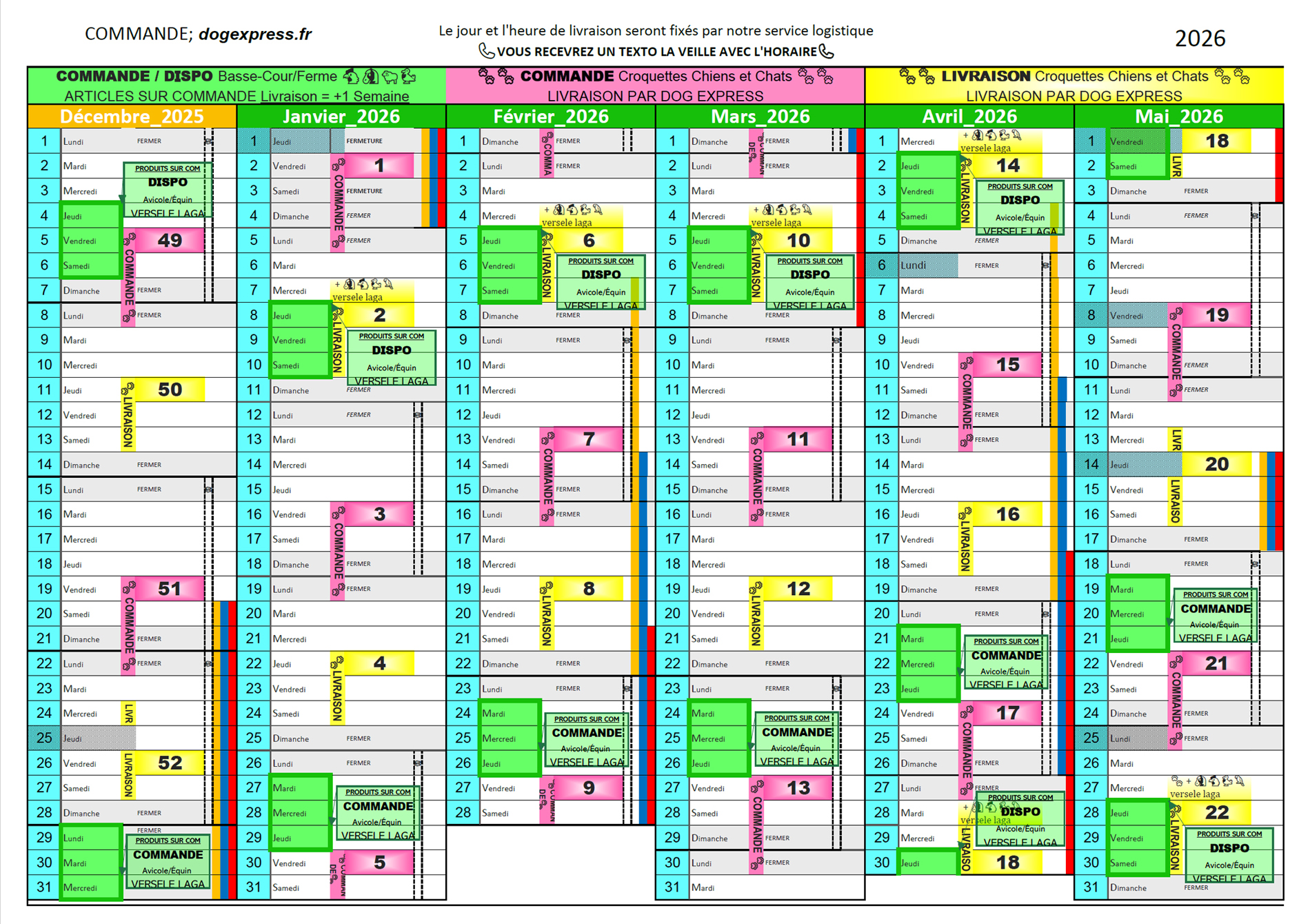 Planning de livraison Dog Express 2026